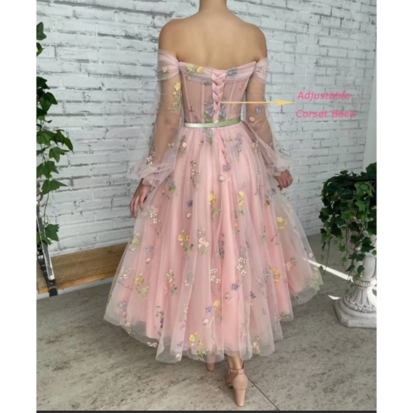 GREEN Women's Puffy Sleeve Tulle Prom Dresses Tea Length Flower Lace. - Picture 3 of 3